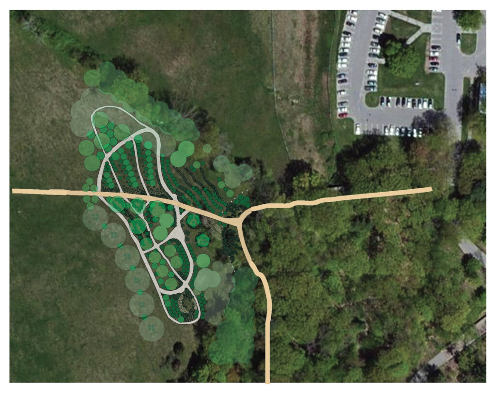 Aerial photograph of the Clark Art Institute campus with the Edible Forest Garden schematic design overlaid, showing the proposed planting areas and path network in relation to the surrounding meadow, woodland edge, campus road, and museum parking lot.