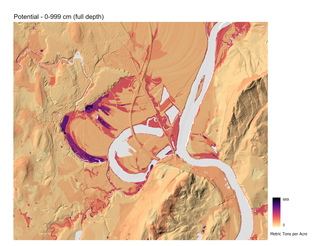 Map of the same river valley landscape showing estimated potential soil organic carbon if all upland areas were forested. Compared to the current map, upland areas shift noticeably warmer in color, while wetland carbon concentrations along the river remain unchanged.